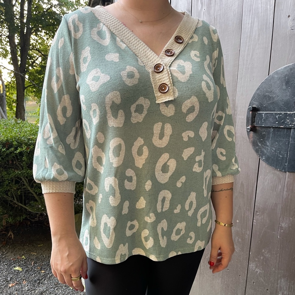 Leopard Print V-neck Green Sweater | Size XL